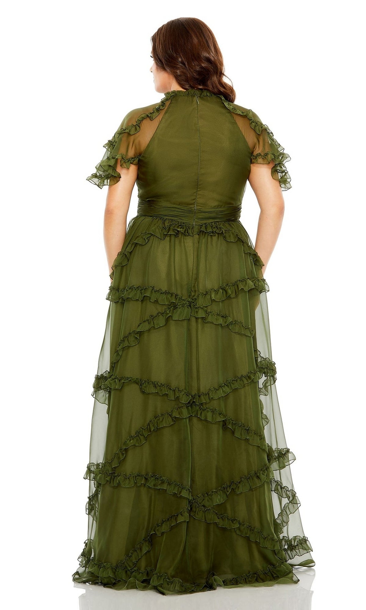 A woman faces away, wearing the Mac Duggal Long Plus-Size Prom Dress 68424—an olive green, floor-length gown with short sleeves, ruffle tiers, sheer fabric, and elegant layered detailing.
